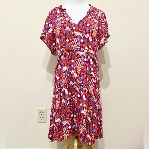 Anthropologie Robin Tiered Mini Dress Raspberry Red Floral Jaguar Cat Print